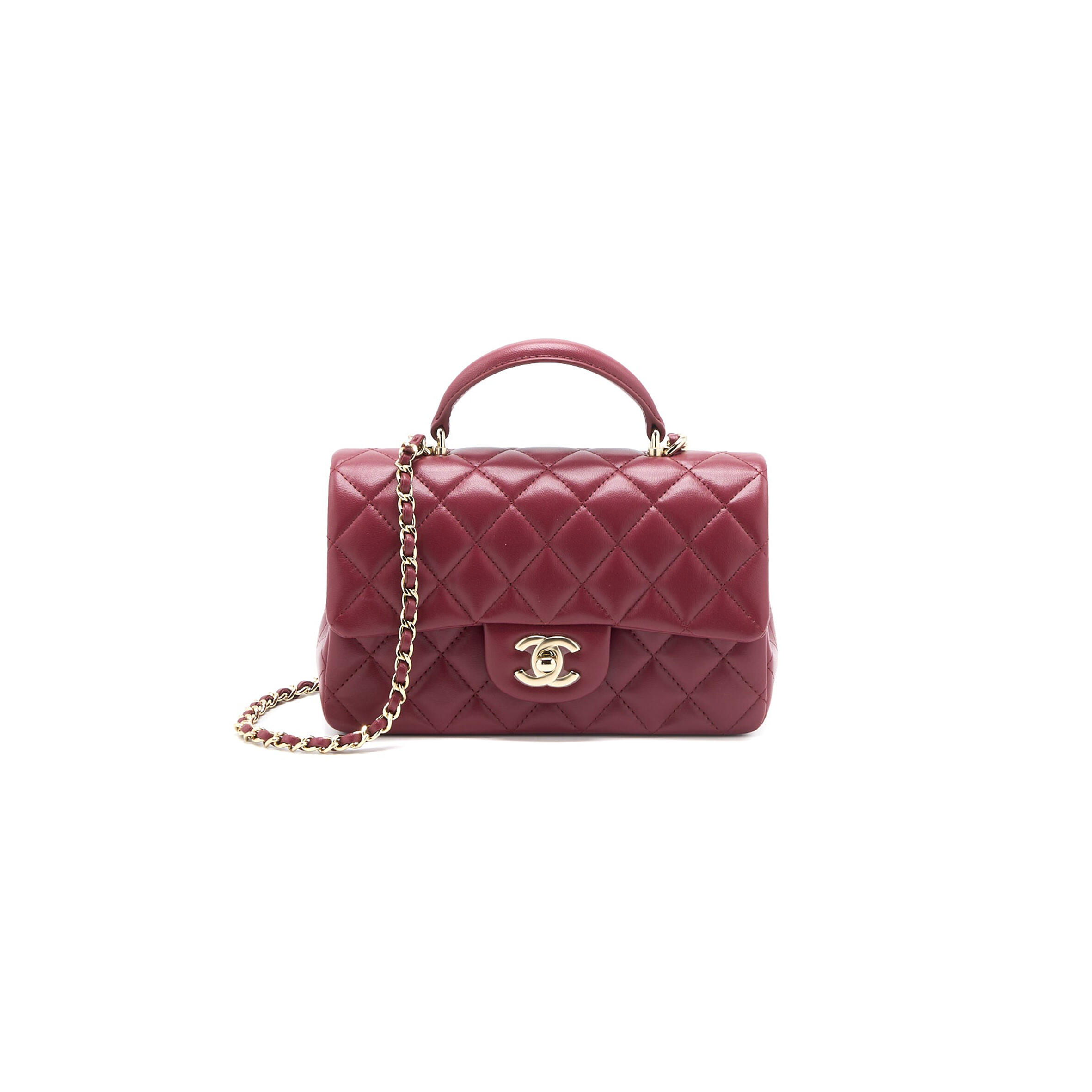 Ch**el top handle mini rectangular flap bag lambskin burgundy ghw (20*12*6.5cm)